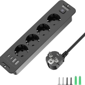 Toma de Empotrar Corriente con 2 USB y 2 Type-C, 4 Tomas Enchufes Multiple Empotrada de Sobremesa con Interruptor, Regleta de Enchufes Empotrada con Cable de 2M para Muebles de Encimera, Negro