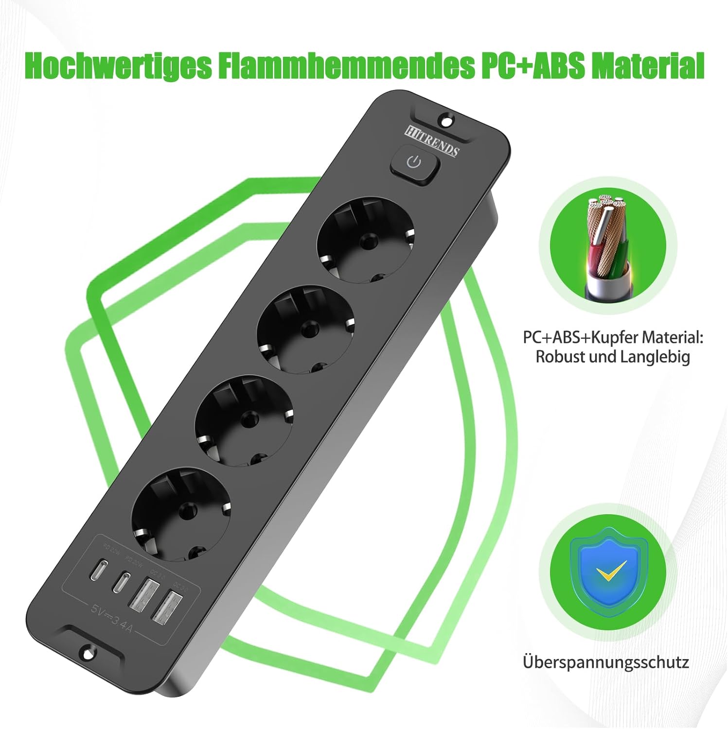 Toma de Empotrar Corriente con 2 USB y 2 Type-C, 4 Tomas Enchufes Multiple Empotrada de Sobremesa con Interruptor, Regleta de Enchufes Empotrada con Cable de 2M para Muebles de Encimera, Negro - 4