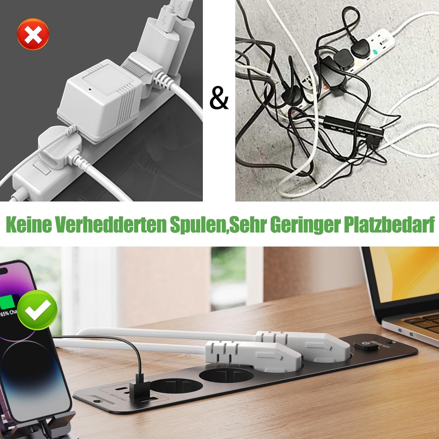 Toma de Empotrar Corriente con 2 USB y 2 Type-C, 4 Tomas Enchufes Multiple Empotrada de Sobremesa con Interruptor, Regleta de Enchufes Empotrada con Cable de 2M para Muebles de Encimera, Negro - 5