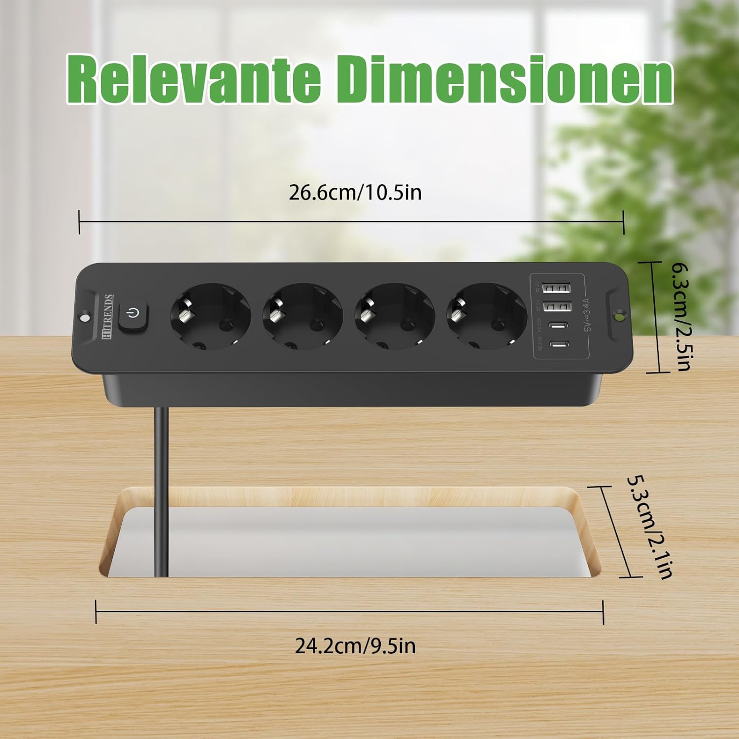 Toma de Empotrar Corriente con 2 USB y 2 Type-C, 4 Tomas Enchufes Multiple Empotrada de Sobremesa con Interruptor, Regleta de Enchufes Empotrada con Cable de 2M para Muebles de Encimera, Negro - 6