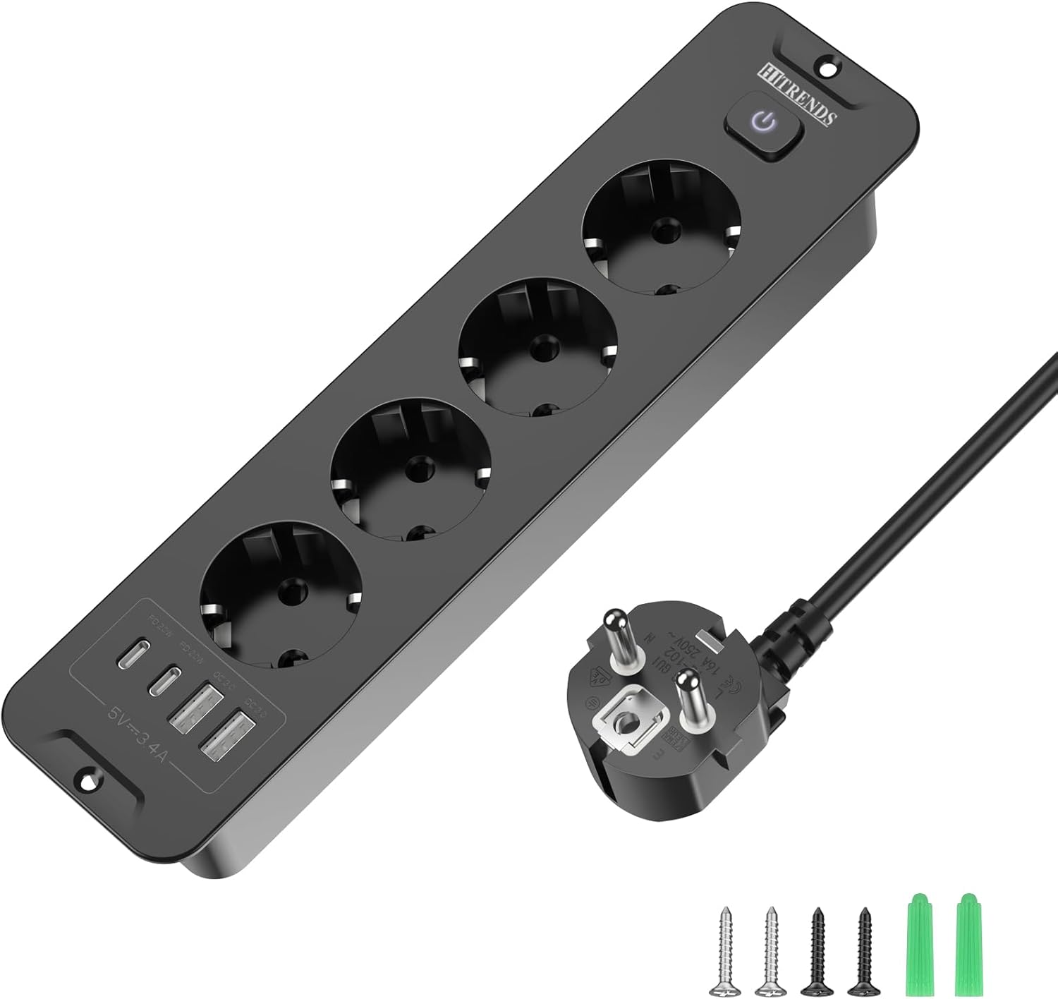 Toma de Empotrar Corriente con 2 USB y 2 Type-C, 4 Tomas Enchufes Multiple Empotrada de Sobremesa con Interruptor, Regleta de Enchufes Empotrada con Cable de 2M para Muebles de Encimera, Negro - 1