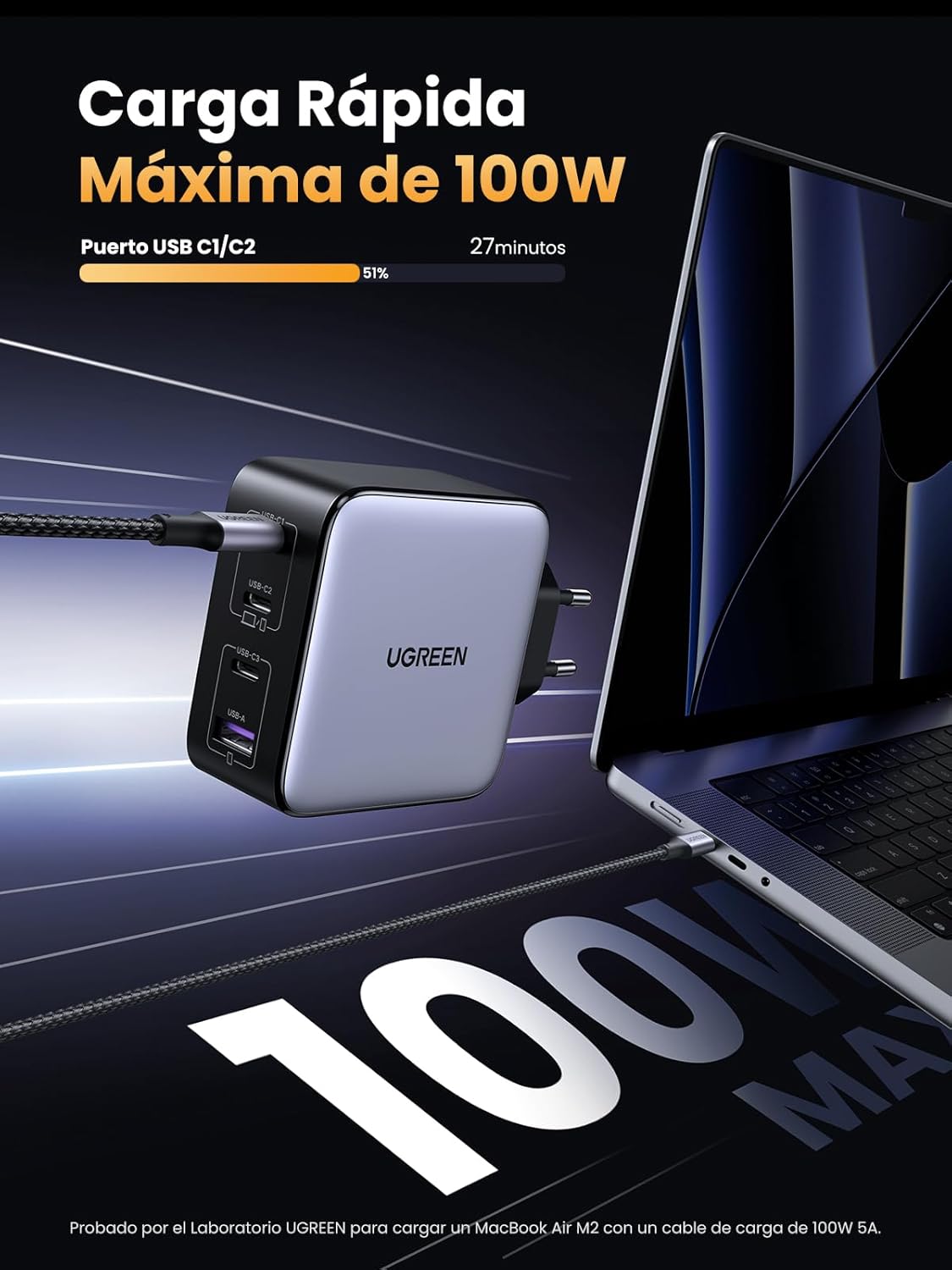 UGREEN Nexode Cargador USB C 100 W, Carga Rápida Multidispositivo con 4 Puertos, Compatible con Samsung Galaxy S25/S24/S23,iPhone 17 Pro MAX Air/16/15/14/13, MacBook Pro/Air, iPad y Steam Deck - 3