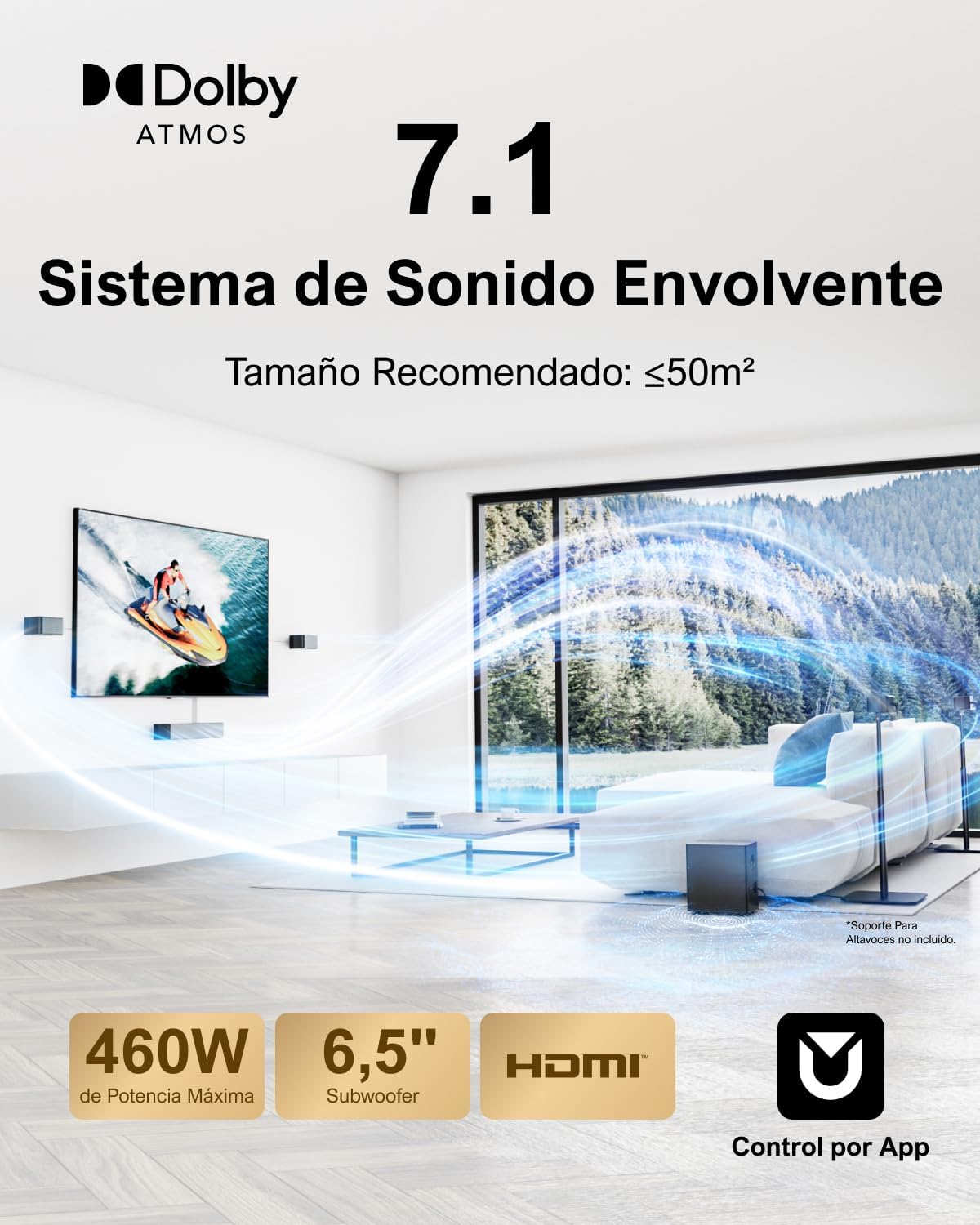 ULTIMEA 7.1ch Barra de Sonido con Dolby Atmos, 3D Sonido Envolvente, Control por App, Barra Sonido TV con Subwoofer Inalámbrico y 4 Altavoces con Cable, 460W, Bluetooth 5.3, 6 Modos EQ, Poseidon D80 - 4