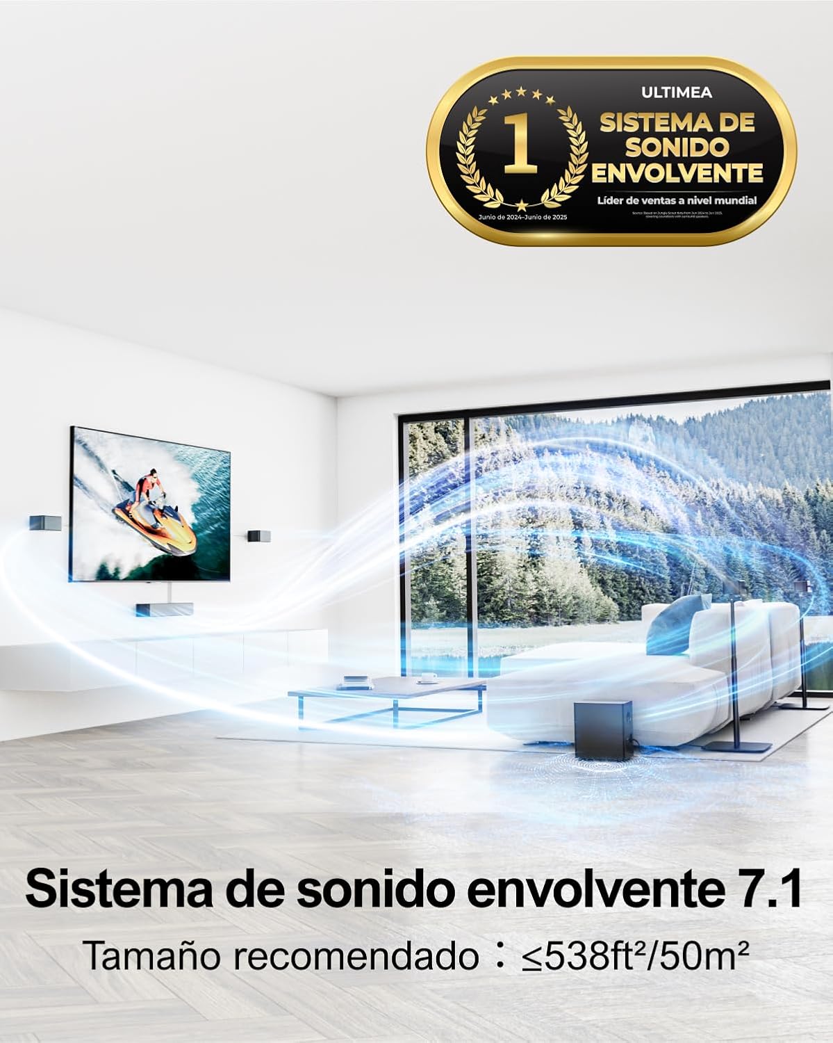 ULTIMEA 7.1ch Barra de Sonido con Dolby Atmos, 3D Sonido Envolvente, Control por App, Barra Sonido TV con Subwoofer Inalámbrico y 4 Altavoces con Cable, 460W, Bluetooth 5.3, 6 Modos EQ, Poseidon D80 - 5
