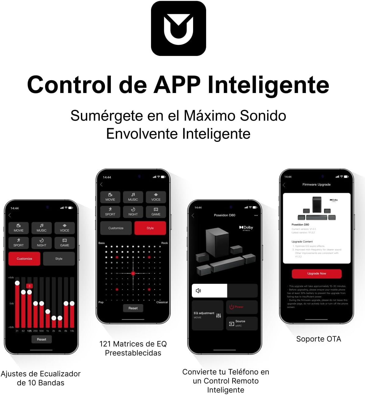 ULTIMEA 7.1ch Barra de Sonido con Dolby Atmos, 3D Sonido Envolvente, Control por App, Barra Sonido TV con Subwoofer Inalámbrico y 4 Altavoces con Cable, 460W, Bluetooth 5.3, 6 Modos EQ, Poseidon D80 - 6