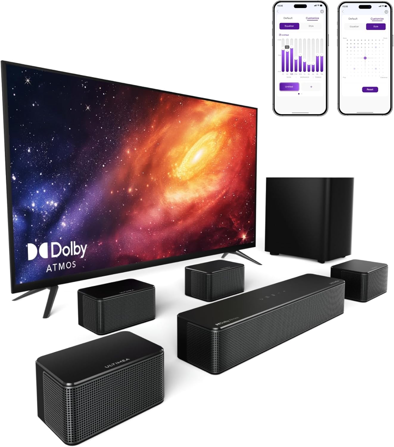 ULTIMEA 7.1ch Barra de Sonido con Dolby Atmos, 3D Sonido Envolvente, Control por App, Barra Sonido TV con Subwoofer Inalámbrico y 4 Altavoces con Cable, 460W, Bluetooth 5.3, 6 Modos EQ, Poseidon D80 - 1