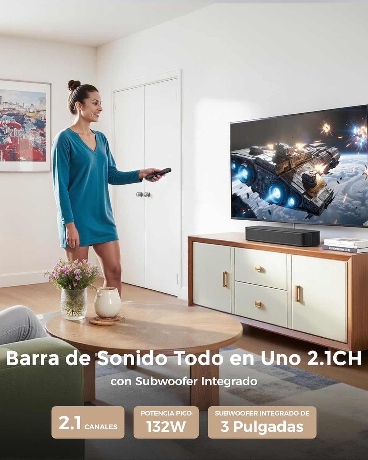 ULTIMEA Barra de Sonido 2.1ch para TV, subwoofer Integrado,132W, Control por App, Barras de Sonido Bluetooth 5.4 VoiceMX,Graves Ajustables,soundbar Todo en uno PC, óptico/AUX, Poseidon M20 Pro - 2