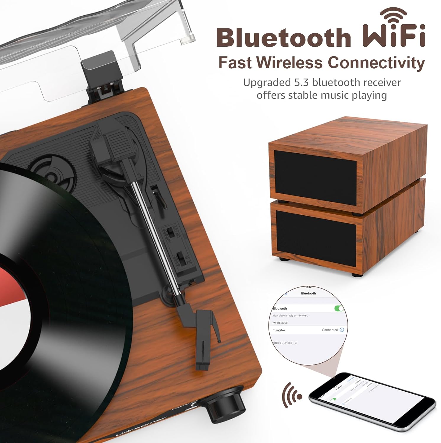 Udreamer Tocadiscos con 2 Altavoces Estéreo Duales, Vintage Tocadiscos con Bluetooth 5.3 Compatible 3 Velocidades, Entrada Auxiliar, Línea RCA, USB, Reproducción Inalámbrica, Marró - 2