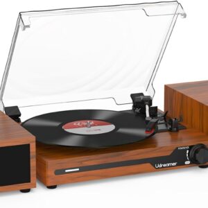 Udreamer Tocadiscos con 2 Altavoces Estéreo Duales, Vintage Tocadiscos con Bluetooth 5.3 Compatible 3 Velocidades, Entrada Auxiliar, Línea RCA, USB, Reproducción Inalámbrica, Marró