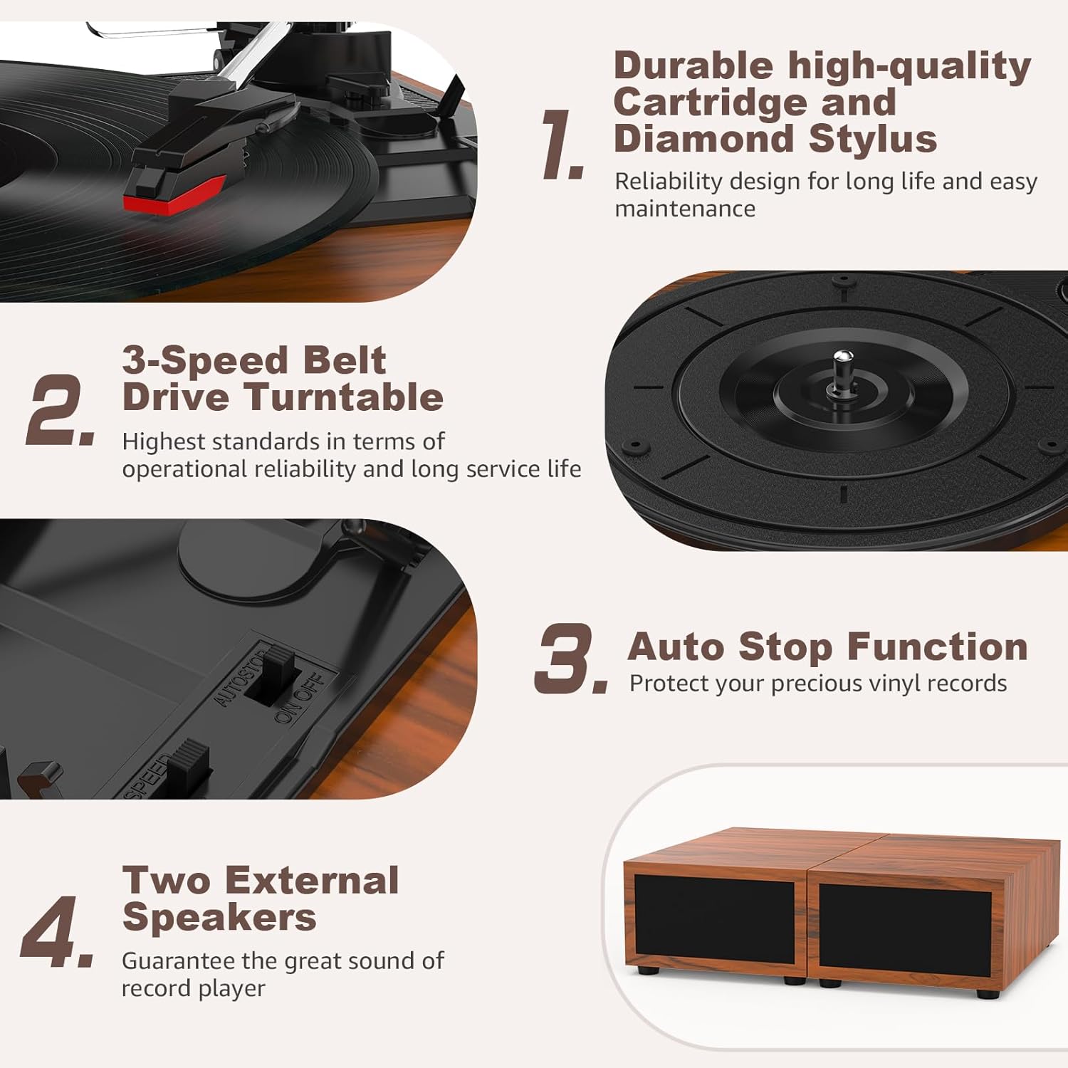 Udreamer Tocadiscos con 2 Altavoces Estéreo Duales, Vintage Tocadiscos con Bluetooth 5.3 Compatible 3 Velocidades, Entrada Auxiliar, Línea RCA, USB, Reproducción Inalámbrica, Marró - 5