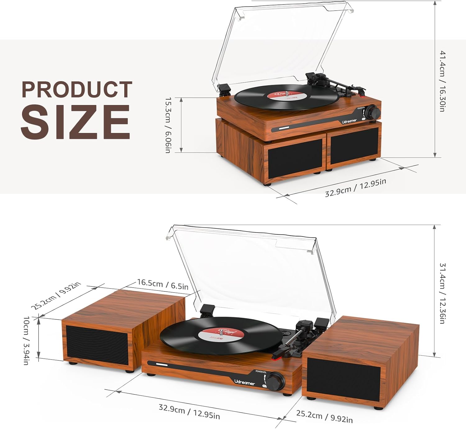 Udreamer Tocadiscos con 2 Altavoces Estéreo Duales, Vintage Tocadiscos con Bluetooth 5.3 Compatible 3 Velocidades, Entrada Auxiliar, Línea RCA, USB, Reproducción Inalámbrica, Marró - 6
