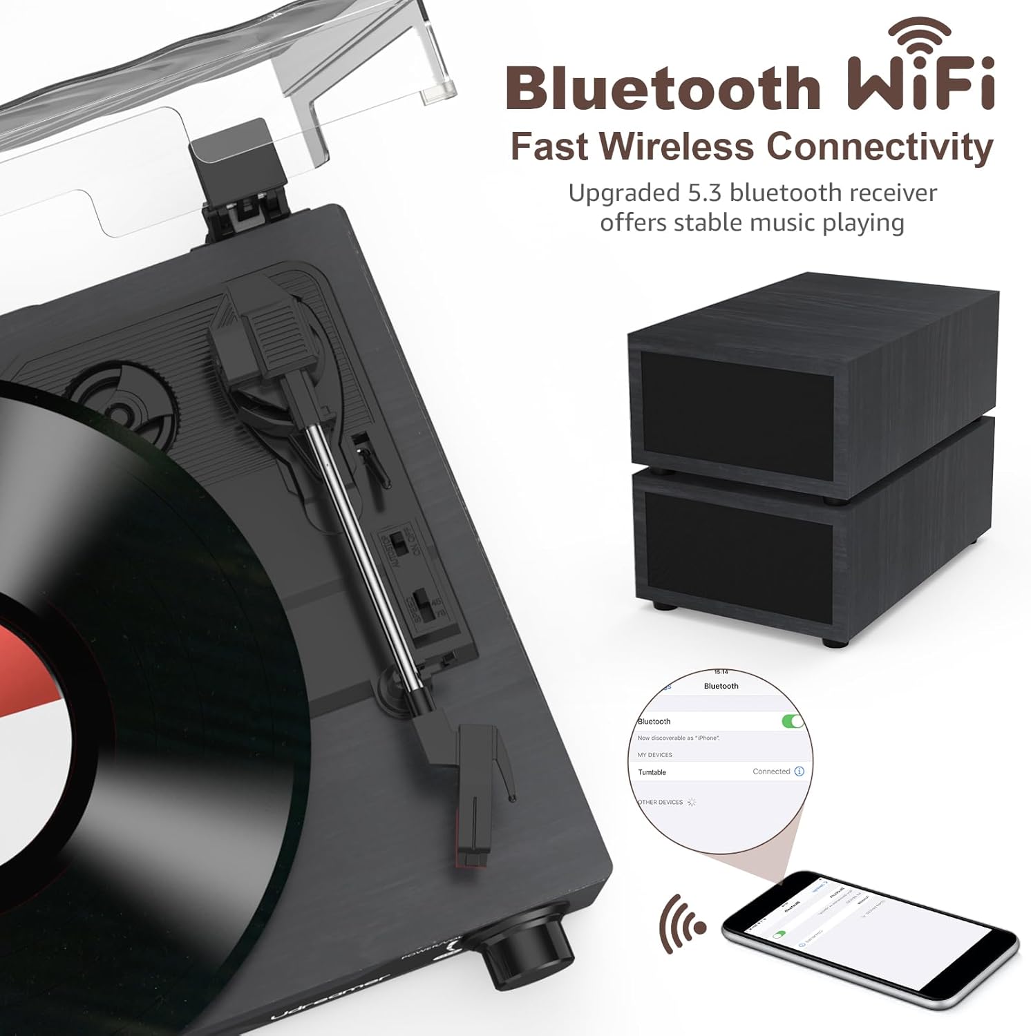 Udreamer Tocadiscos con 2 Altavoces Estéreo Duales, Vintage Tocadiscos con Bluetooth 5.3 Compatible 3 Velocidades, Entrada Auxiliar, Línea RCA, USB, Reproducción Inalámbrica, Negro - 2