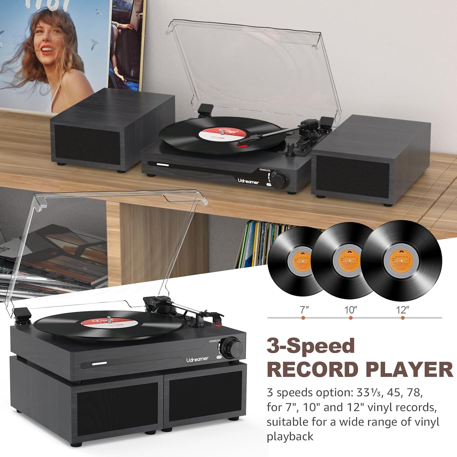 Udreamer Tocadiscos con 2 Altavoces Estéreo Duales, Vintage Tocadiscos con Bluetooth 5.3 Compatible 3 Velocidades, Entrada Auxiliar, Línea RCA, USB, Reproducción Inalámbrica, Negro - 3