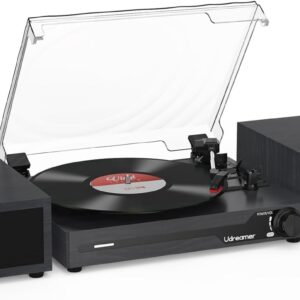 Udreamer Tocadiscos con 2 Altavoces Estéreo Duales, Vintage Tocadiscos con Bluetooth 5.3 Compatible 3 Velocidades, Entrada Auxiliar, Línea RCA, USB, Reproducción Inalámbrica, Negro
