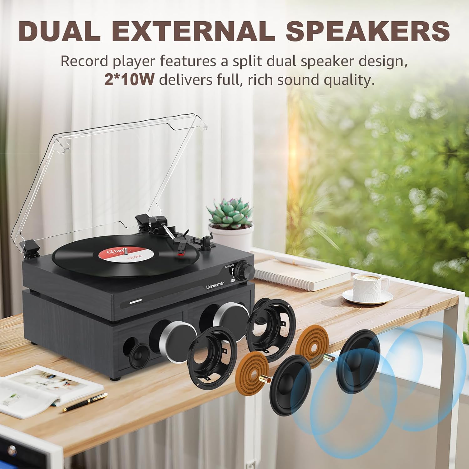 Udreamer Tocadiscos con 2 Altavoces Estéreo Duales, Vintage Tocadiscos con Bluetooth 5.3 Compatible 3 Velocidades, Entrada Auxiliar, Línea RCA, USB, Reproducción Inalámbrica, Negro - 4