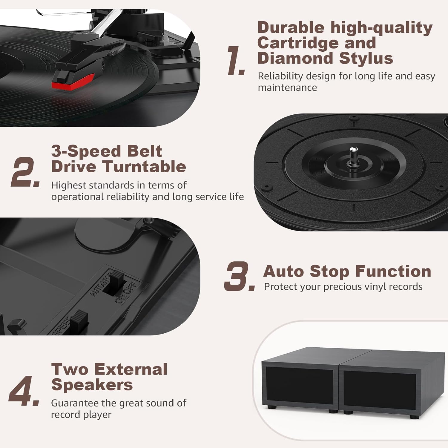 Udreamer Tocadiscos con 2 Altavoces Estéreo Duales, Vintage Tocadiscos con Bluetooth 5.3 Compatible 3 Velocidades, Entrada Auxiliar, Línea RCA, USB, Reproducción Inalámbrica, Negro - 5