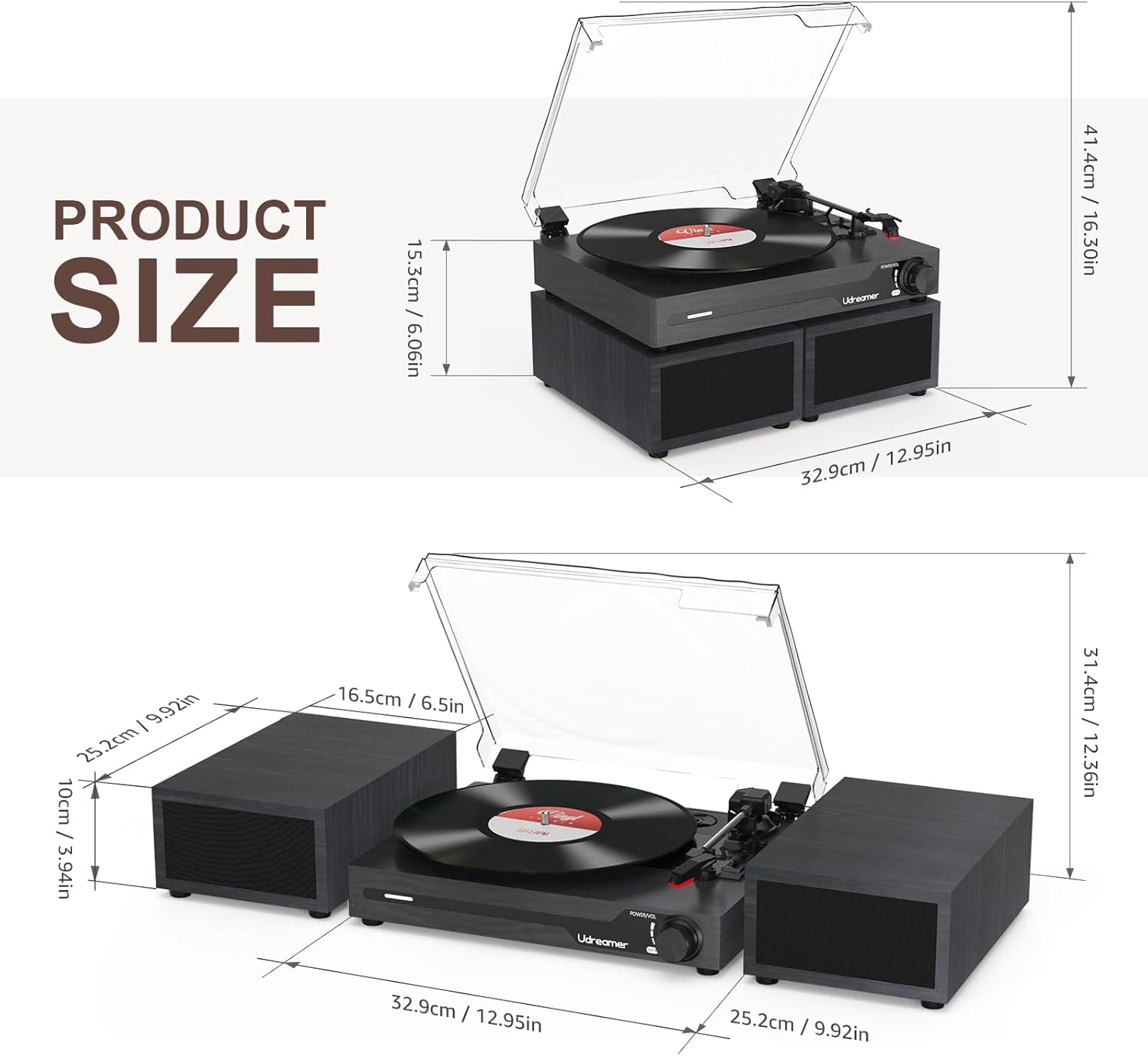 Udreamer Tocadiscos con 2 Altavoces Estéreo Duales, Vintage Tocadiscos con Bluetooth 5.3 Compatible 3 Velocidades, Entrada Auxiliar, Línea RCA, USB, Reproducción Inalámbrica, Negro - 6