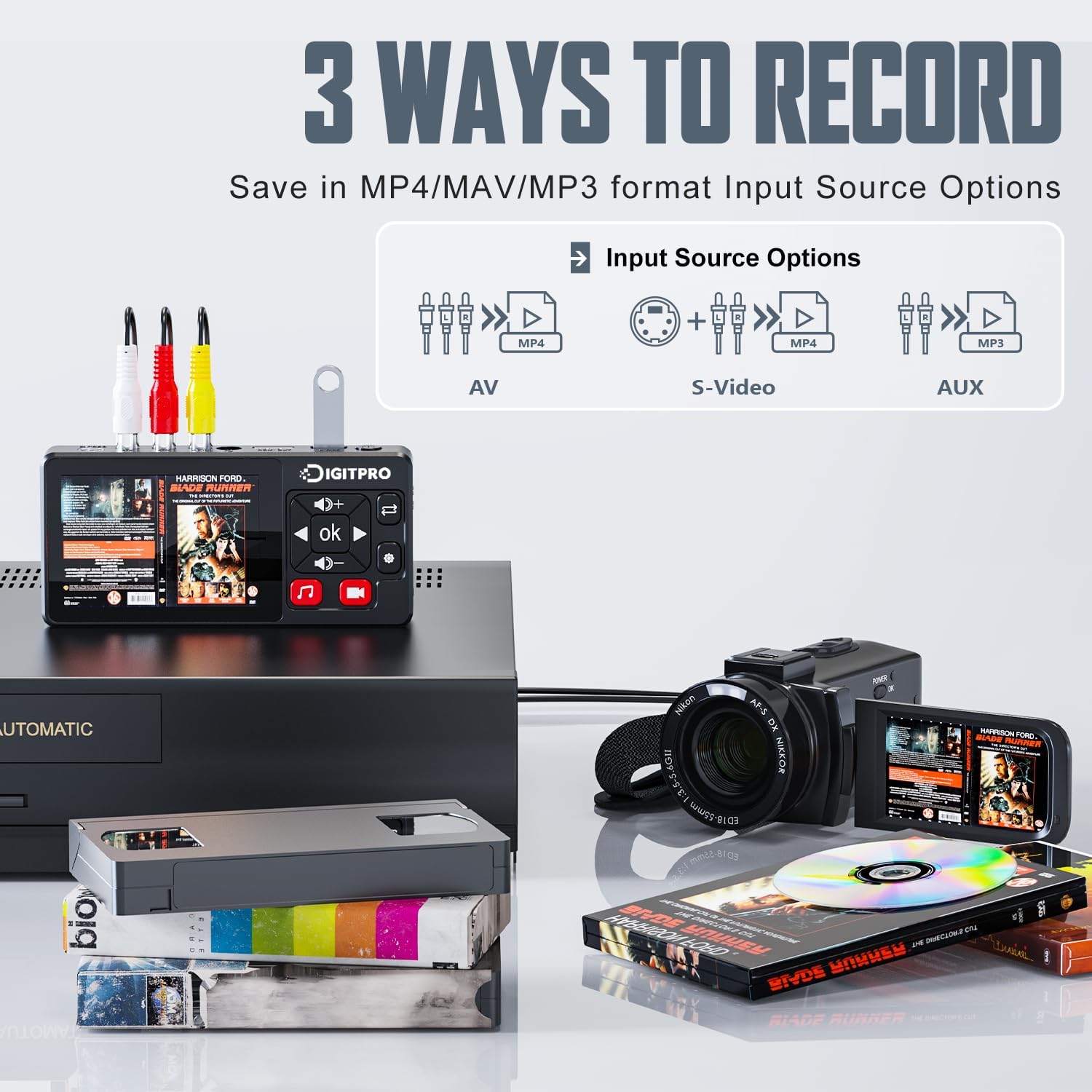 VHS to Digital Convertidor, VHS a Digital Grabador mit Remote, Convierte Grabaciones de VHS, VCR, DVR, DVD, Hi8, DV, Camcorder, Cassette Tape, Gaming Consoles a Digital - 2