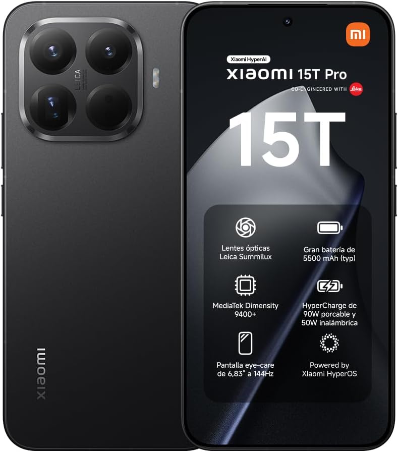 XIAOMI 15T Pro - Smartphone de 12+1024GB, Lente óptica Leica Summilux, MediaTek Dimensity 9400+, Pantalla Eye Care de 6,83" 144 Hz, HyperCharge de 90W, Cargador no Incluido, Negro (Versión ES) - 1