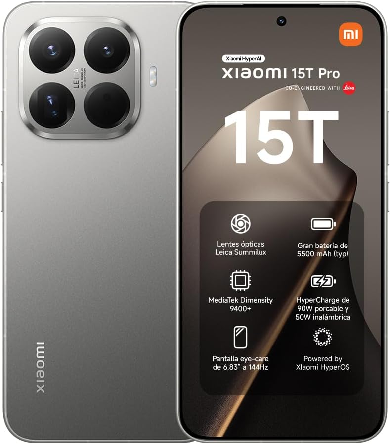 XIAOMI 15T Pro - Smartphone de 12+512GB, Lente óptica Leica Summilux, MediaTek Dimensity 9400+, Pantalla Eye Care de 6,83" 144 Hz, HyperCharge de 90W, Cargador no Incluido, Gris (Versión ES) - 1