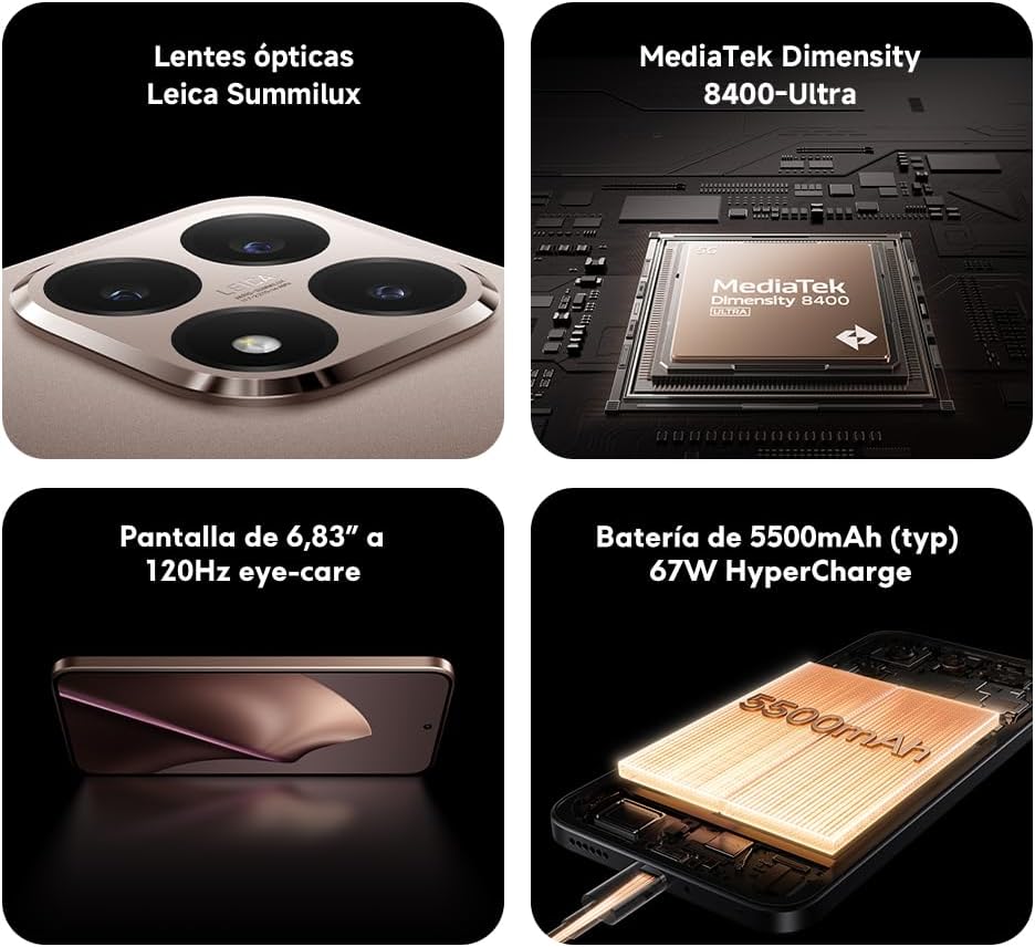 XIAOMI 15T - Smartphone de 12+256GB, Lente óptica Leica Summilux, MediaTek Dimensity 8400-Ultra, Pantalla Eye Care de 6,83" 120 Hz, HyperCharge de 67W, Cargador no Incluido, Gris (Versión ES) - 3