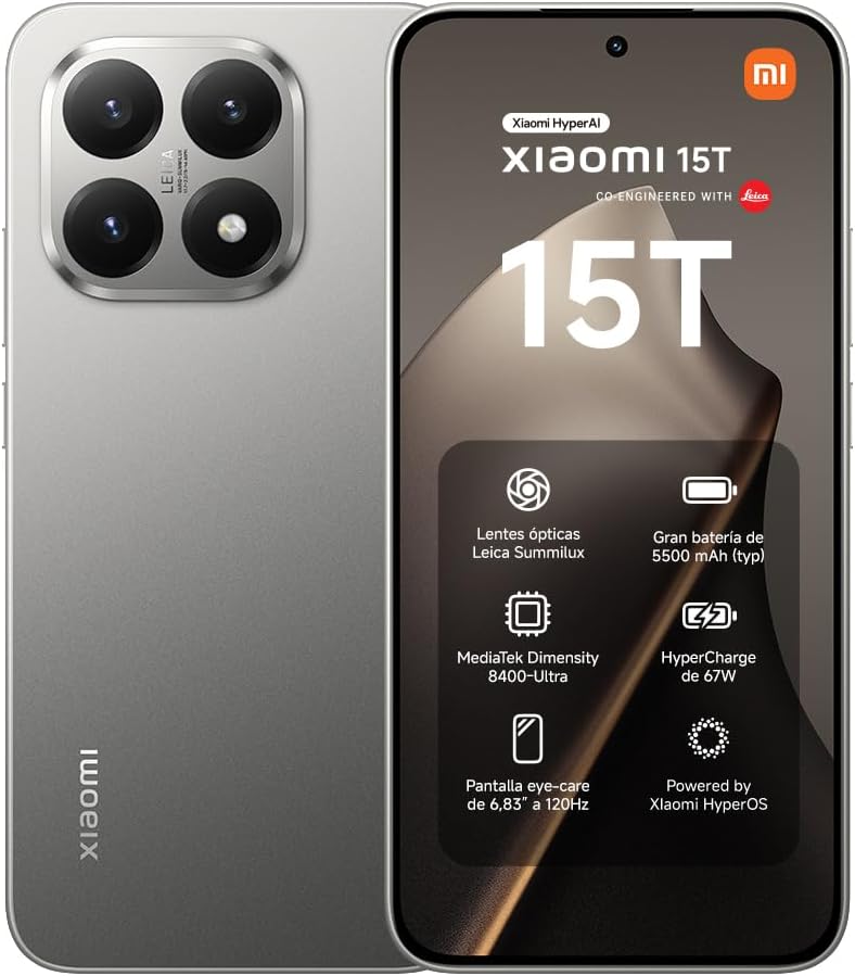 XIAOMI 15T - Smartphone de 12+256GB, Lente óptica Leica Summilux, MediaTek Dimensity 8400-Ultra, Pantalla Eye Care de 6,83" 120 Hz, HyperCharge de 67W, Cargador no Incluido, Gris (Versión ES) - 1