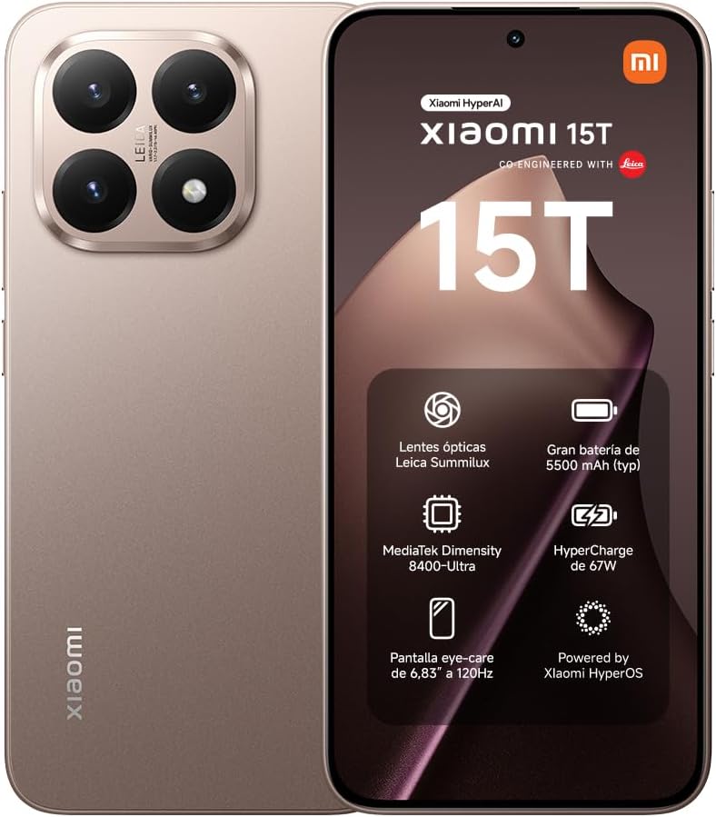 XIAOMI 15T - Smartphone de 12+256GB, Lente óptica Leica Summilux, MediaTek Dimensity 8400-Ultra, Pantalla Eye Care de 6,83" 120 Hz, HyperCharge de 67W, Cargador no Incluido, Rose Gold (Versión ES) - 1