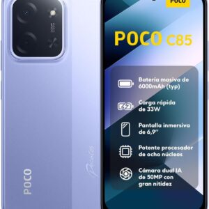 XIAOMI POCO C85 - Smartphone de 6+128GB, Cámara Dual de 50MP con AI, Pantalla inmersiva de 6,9”, Potente procesador Octa-Core, Carga rápida de 33W, 6000mAh, Cargador no Incluido, Morado (Versión ES)