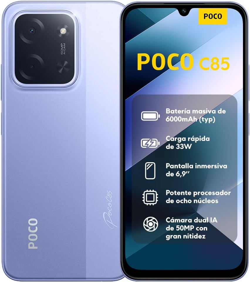 XIAOMI POCO C85 - Smartphone de 6+128GB, Cámara Dual de 50MP con AI, Pantalla inmersiva de 6,9”, Potente procesador Octa-Core, Carga rápida de 33W, 6000mAh, Cargador no Incluido, Morado (Versión ES) - 1