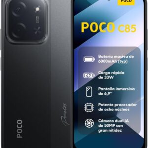 XIAOMI POCO C85 - Smartphone de 8+256GB, Cámara Dual de 50MP con AI, Pantalla inmersiva de 6,9”, Potente procesador Octa-Core, Carga rápida de 33W, 6000mAh, Cargador no Incluido, Negro (Versión ES)