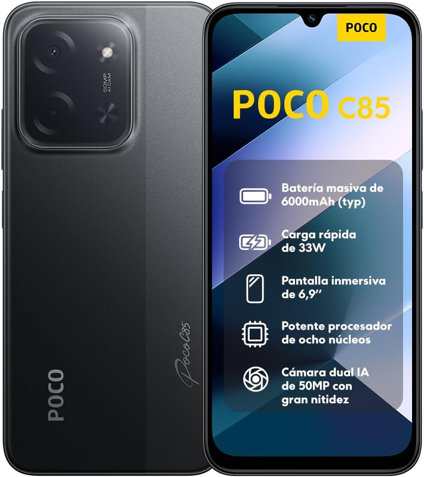 XIAOMI POCO C85 - Smartphone de 8+256GB, Cámara Dual de 50MP con AI, Pantalla inmersiva de 6,9”, Potente procesador Octa-Core, Carga rápida de 33W, 6000mAh, Cargador no Incluido, Negro (Versión ES) - 1
