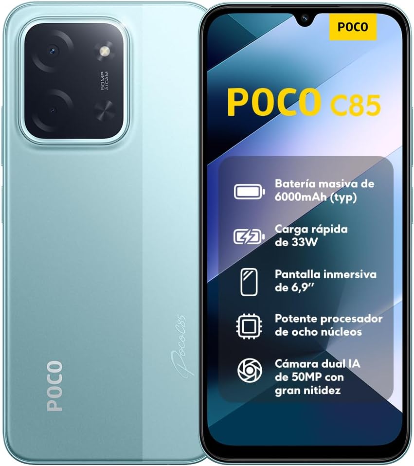 XIAOMI POCO C85 - Smartphone de 8+256GB, Cámara Dual de 50MP con AI, Pantalla inmersiva de 6,9”, Potente procesador Octa-Core, Carga rápida de 33W, 6000mAh, Cargador no Incluido, Verde (Versión ES) - 1