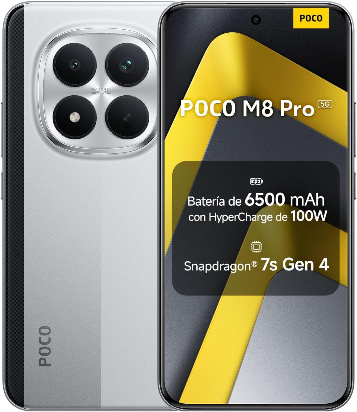 XIAOMI POCO M8 Pro 5G - Smartphone de 12+512GB, Pantalla de 6,83" 1.5K AMOLED, Snapdragon 7s Gen 4, cámara de 50MP, Hypercharge 100W, Cargador no Incluido, Plata (Versión ES) - 1