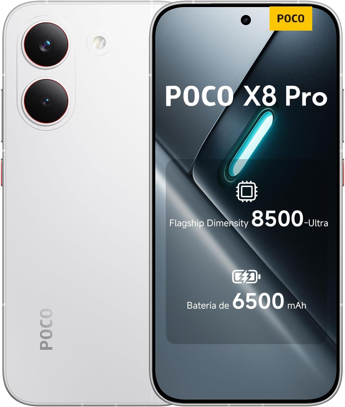 XIAOMI POCO X8 Pro - Smartphone de 8+256GB, Dimensity 8500-Ultra, batería de 6500 mAh, Sensor Sony IMX882 de 50MP con OIS, 1 año de garantía Extra, Cargador no Incluido, Blanco (Versión ES) - 1