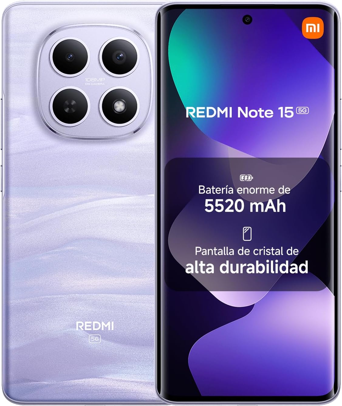 XIAOMI REDMI Note 15 5G - Smartphone de 8+256GB, Pantalla AMOLED FHD+ de 6,77", Snapdragon 6 Gen 3, cámara de 108 MP, batería de 5520 mAh, Cargador no Incluido, Morado (Versión ES) - 1