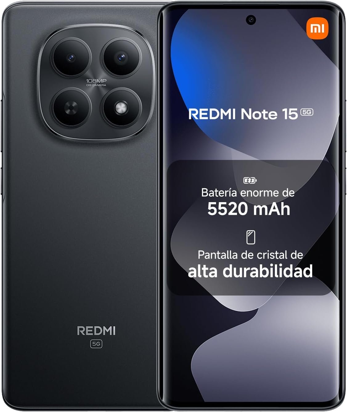 XIAOMI REDMI Note 15 5G - Smartphone de 8+256GB, Pantalla AMOLED FHD+ de 6,77", Snapdragon 6 Gen 3, cámara de 108 MP, batería de 5520 mAh, Cargador no Incluido, Negro (Versión ES) - 1