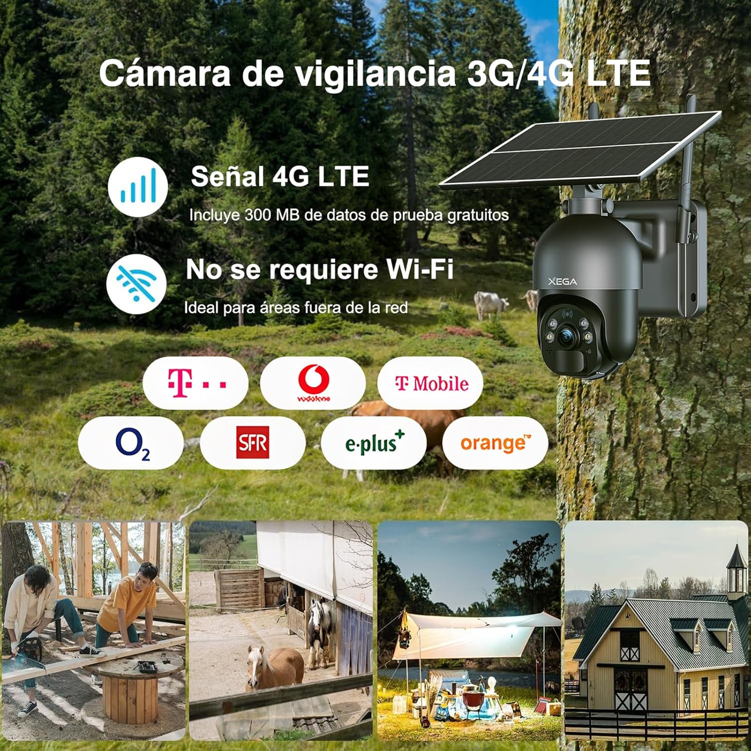 Xega 4G LTE 2K Cámara de Seguridad Inalámbrica para Exteriores con Energía Solar, 355°/95°, Sensor de Movimiento PIR, Visión Nocturna, Conversación Bidireccional, Tarjeta SIM Incluida - 2