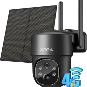 Xega 4G LTE Cámara Vigilancia Exterior con Sim, Camara 4G Solar Sin Cable con Batería 2K HD PTZ 355°/90°, Visión Nocturna, Detección De Movimiento, Almacenamiento Local & Cloud, IP66