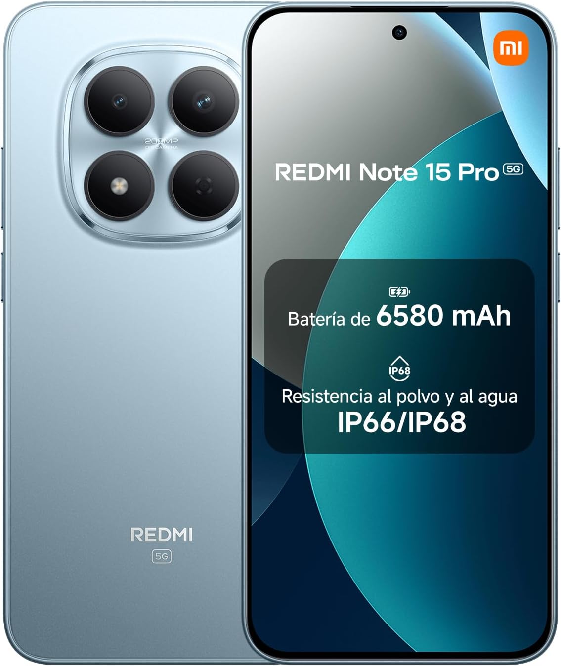 Xiaomi REDMI Note 15 Pro 5G - Smartphone de 8+256GB, Pantalla de 6,83" 1.5K AMOLED, MediaTek Dimensity 7400-Ultra, cámara de 200MP, batería de 6580 mAh, cargador no incluido, azul glaciar (Versión ES) - 1