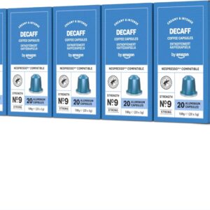 by Amazon - Cápsulas de café Espresso Descafeinado, tueste medio, compatibles con Nespresso, 100 unidades, 5 paquetes de 20, certificado Rainforest Alliance