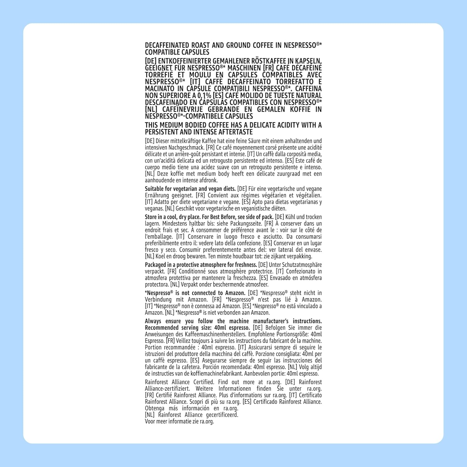 by Amazon - Cápsulas de café Espresso Descafeinado, tueste medio, compatibles con Nespresso, 100 unidades, 5 paquetes de 20, certificado Rainforest Alliance - 6