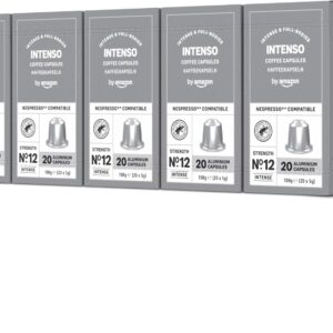 by Amazon - Cápsulas de café Intenso, tueste oscuro, compatibles con Nespresso, 100 unidades, 5 paquetes de 20, certificado Rainforest Alliance