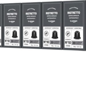by Amazon - Cápsulas de café Ristretto, tueste medio, compatibles con Nespresso, 100 unidades, 5 paquetes de 20, certificado Rainforest Alliance