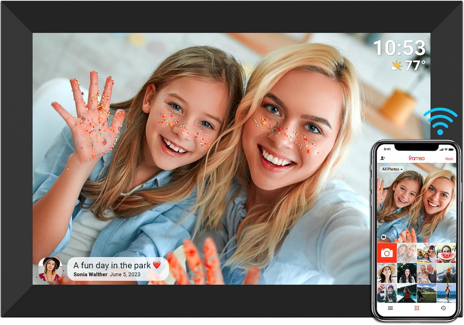 dxmart FRAMEO - Marco de fotos digital WiFi de 32 GB, pantalla táctil LCD WXGA IPS de 10.1 pulgadas, marco de fotos inteligente en la nube con rotación automática, momentos compartidos a través de la - 1