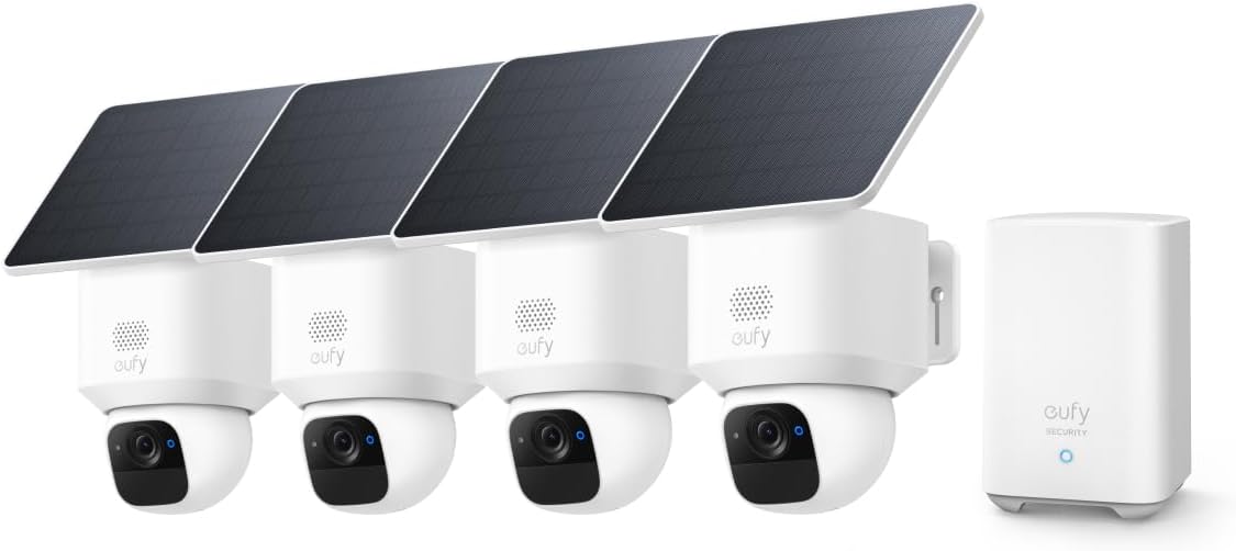 eufy Security SoloCam E30 Camara vigilancia WiFi Exterior, con Energía Solar, Panorámica de 360°, Seguimiento por IA, Claridad 2K, Compatible con HomeBase S380, Sin Cuotas Mensuales, 4 Pack+Homebase2 - 1