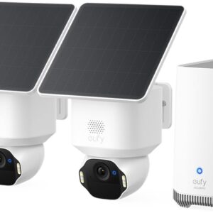 eufy Security eufyCam E42 Camara vigilancia WiFi Exterior Solar, Giro de 360°, Seguimiento con IA, resolución 4K, luz estroboscópica, inalámbrica, sin Costo mensual, 2-CAM Kit + HomeBase S380