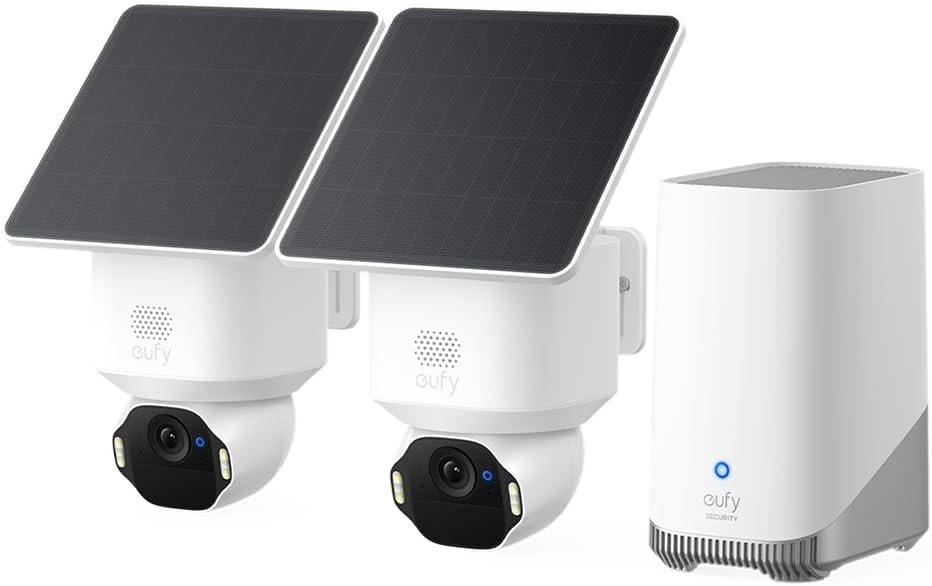 eufy Security eufyCam E42 Camara vigilancia WiFi Exterior Solar, Giro de 360°, Seguimiento con IA, resolución 4K, luz estroboscópica, inalámbrica, sin Costo mensual, 2-CAM Kit + HomeBase S380 - 1