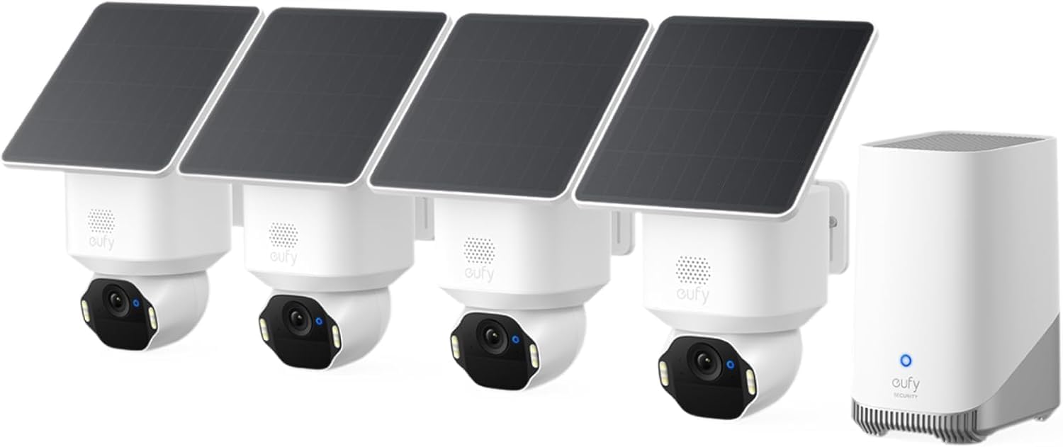 eufy Security eufyCam E42 Camara vigilancia WiFi Exterior Solar, Giro de 360°, Seguimiento con IA, resolución 4K, luz estroboscópica, inalámbrica, sin Costo mensual, 4-CAM Kit + HomeBase S380 - 1
