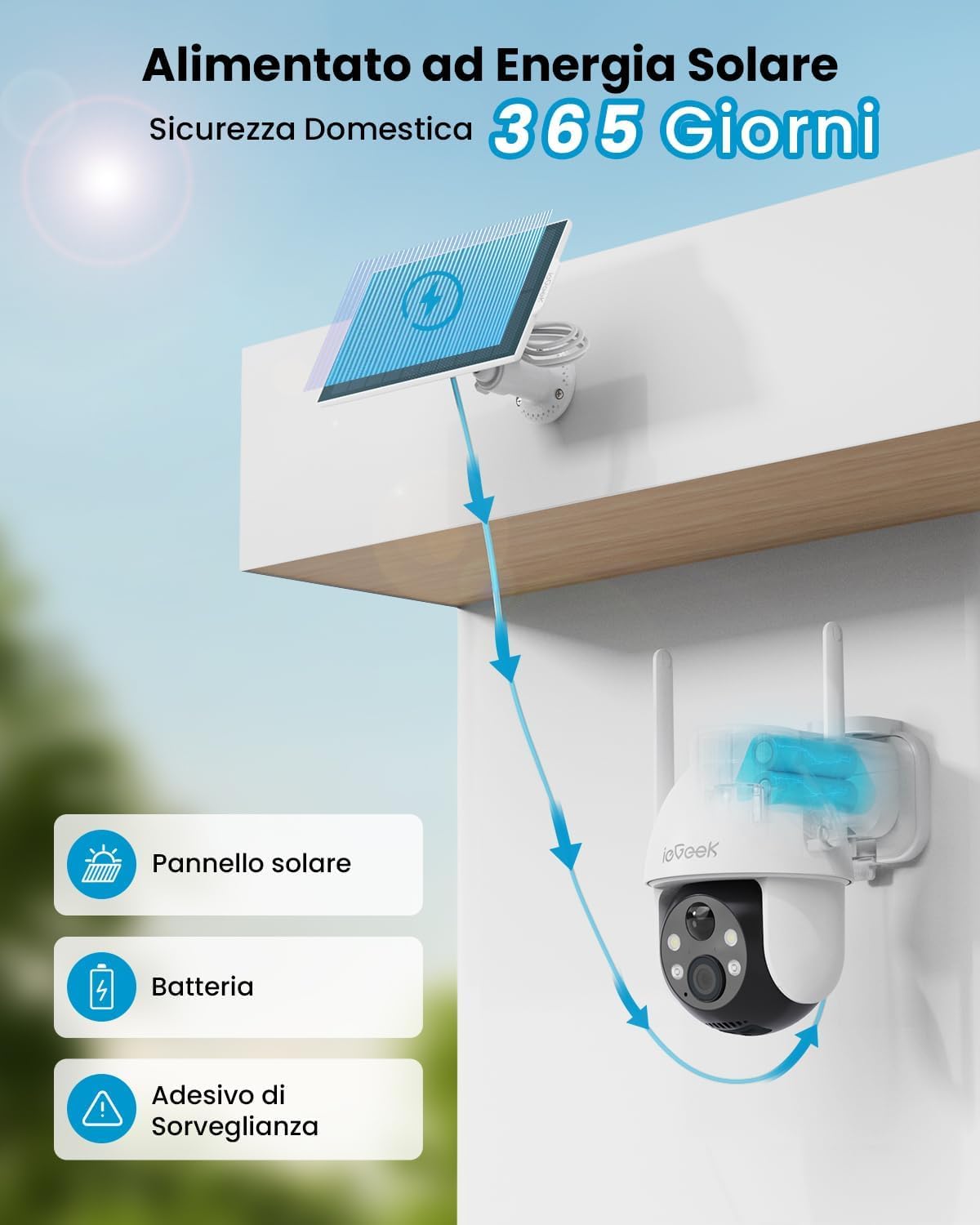 ieGeek 3MP Camara Vigilancia WiFi Exterior Solar con Bateria Sin Cables, Camara Vigilancia Exterior Solar Visión Nocturna Color, PTZ 360° App Remoto, Humana Detección, IP65, Voz Bidireccional - 2