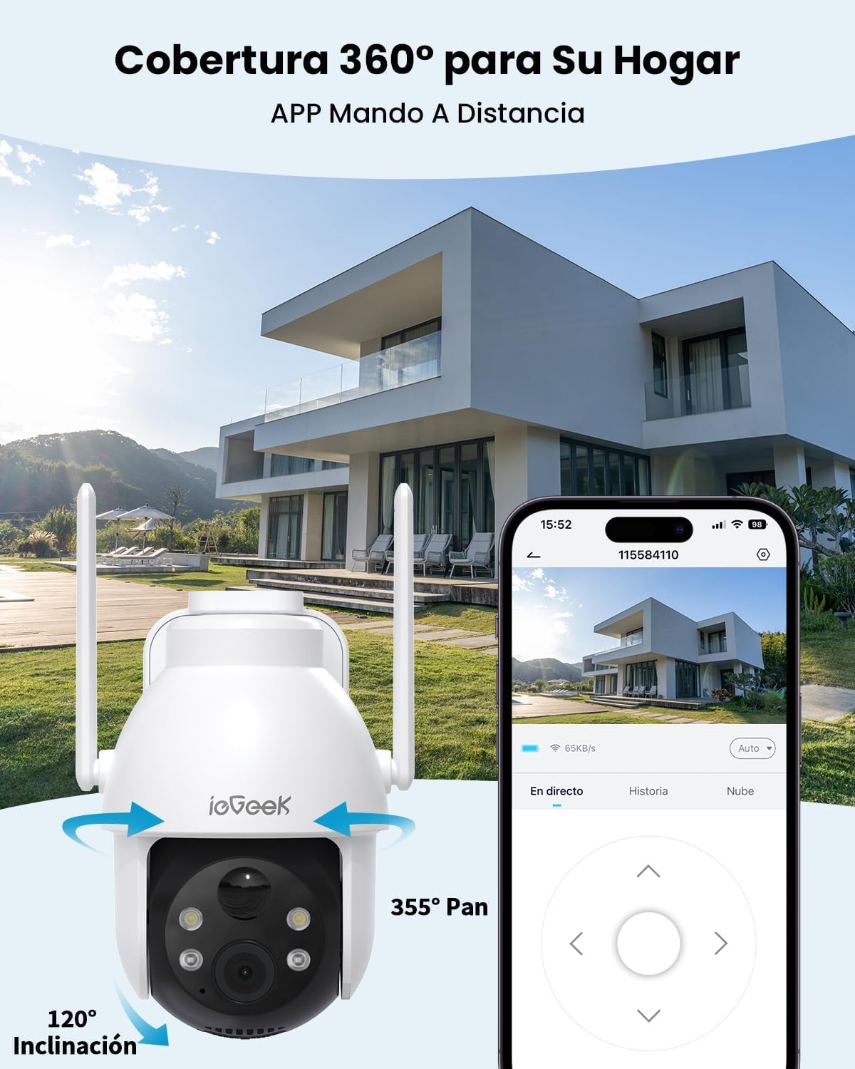 ieGeek 3MP Camara Vigilancia WiFi Exterior Solar con Bateria Sin Cables, Camara Vigilancia Exterior Solar Visión Nocturna Color, PTZ 360° App Remoto, Humana Detección, IP65, Voz Bidireccional - 3